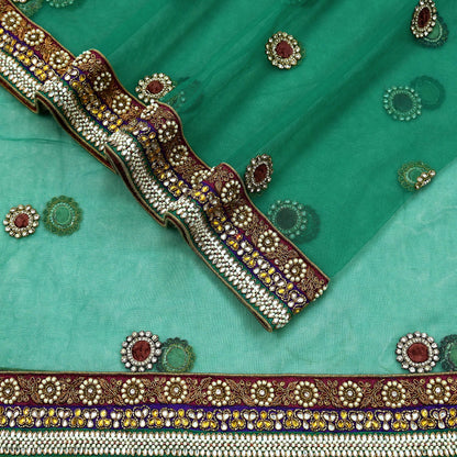 Indian Vintage Heavy Bridal Green Net Dupatta | Hand Embroidered Zardozi Zari Sequins Stole | Floral Design Hijab Veil | Wedding/Party Wear