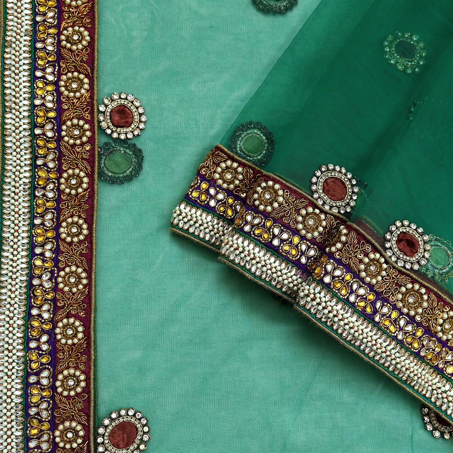 Indian Vintage Heavy Bridal Green Net Dupatta | Hand Embroidered Zardozi Zari Sequins Stole | Floral Design Hijab Veil | Wedding/Party Wear