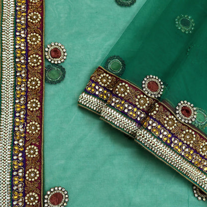 Indian Vintage Heavy Bridal Green Net Dupatta | Hand Embroidered Zardozi Zari Sequins Stole | Floral Design Hijab Veil | Wedding/Party Wear