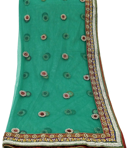 Indian Vintage Heavy Bridal Green Net Dupatta | Hand Embroidered Zardozi Zari Sequins Stole | Floral Design Hijab Veil | Wedding/Party Wear