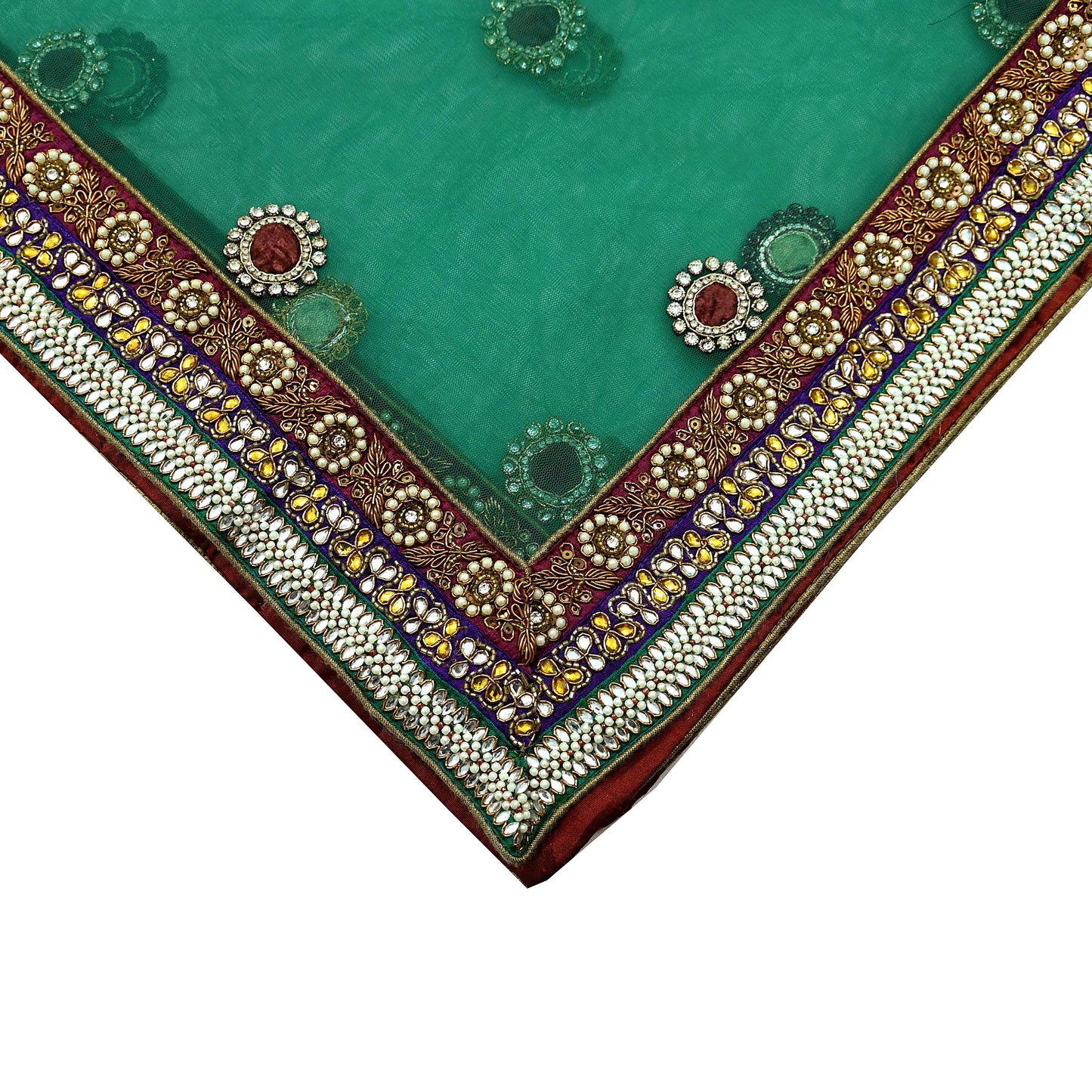 Indian Vintage Heavy Bridal Green Net Dupatta | Hand Embroidered Zardozi Zari Sequins Stole | Floral Design Hijab Veil | Wedding/Party Wear