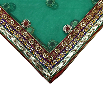 Indian Vintage Heavy Bridal Green Net Dupatta | Hand Embroidered Zardozi Zari Sequins Stole | Floral Design Hijab Veil | Wedding/Party Wear