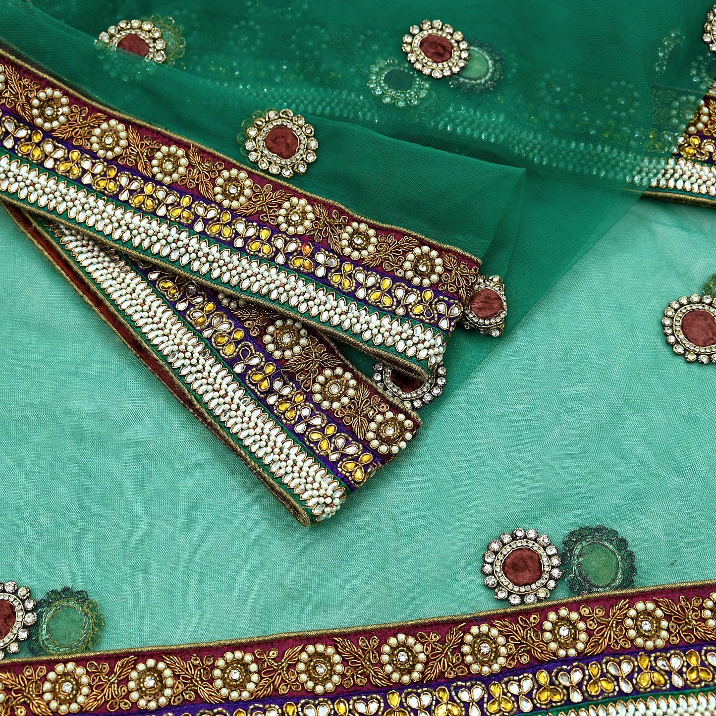 Indian Vintage Heavy Bridal Green Net Dupatta | Hand Embroidered Zardozi Zari Sequins Stole | Floral Design Hijab Veil | Wedding/Party Wear