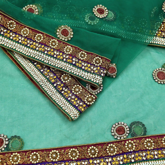 Indian Vintage Heavy Bridal Green Net Dupatta | Hand Embroidered Zardozi Zari Sequins Stole | Floral Design Hijab Veil | Wedding/Party Wear