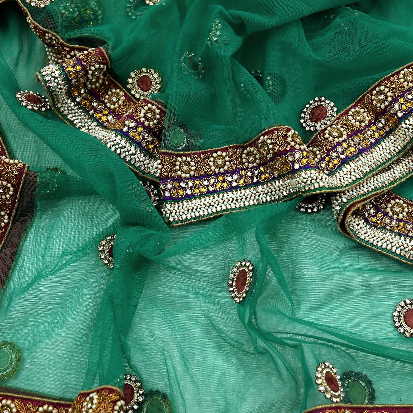 Indian Vintage Heavy Bridal Green Net Dupatta | Hand Embroidered Zardozi Zari Sequins Stole | Floral Design Hijab Veil | Wedding/Party Wear
