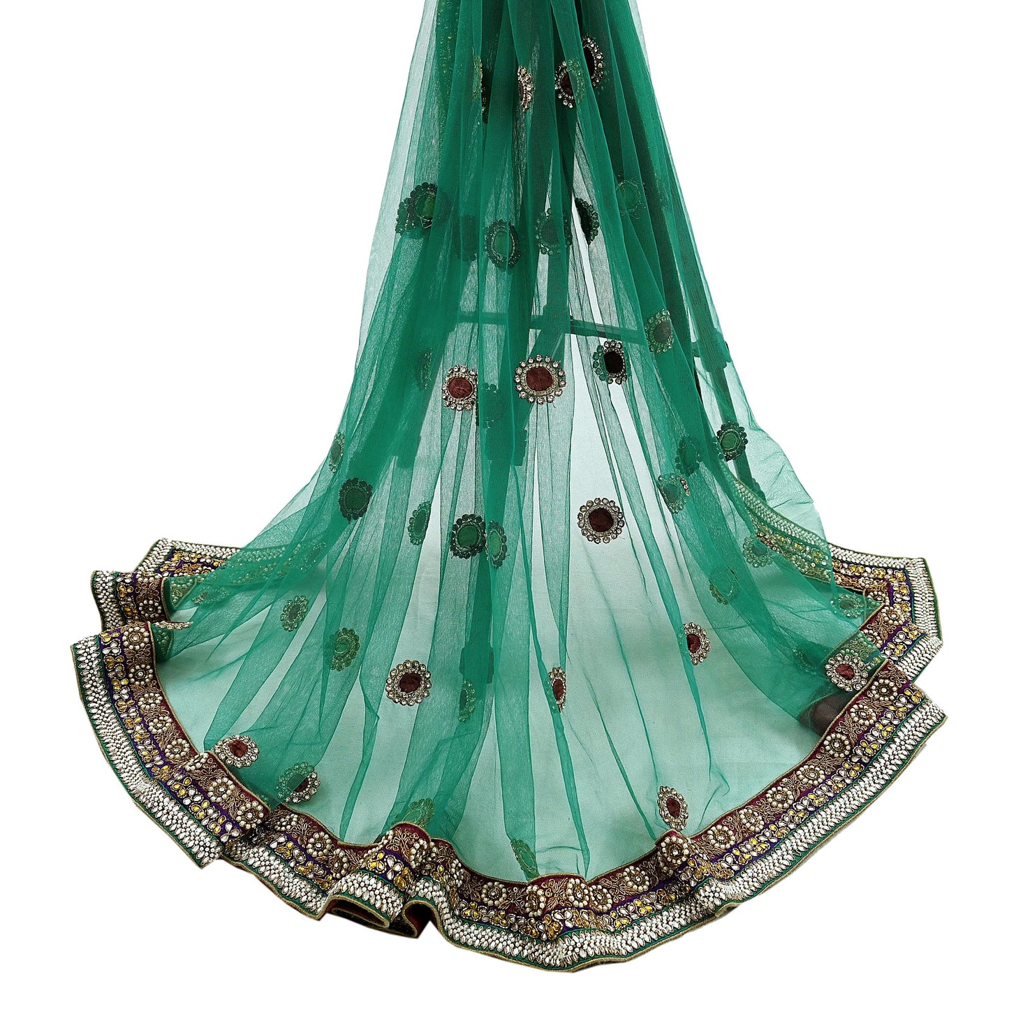 Indian Vintage Heavy Bridal Green Net Dupatta | Hand Embroidered Zardozi Zari Sequins Stole | Floral Design Hijab Veil | Wedding/Party Wear