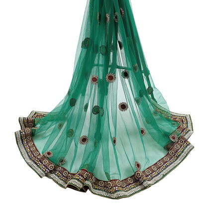 Indian Vintage Heavy Bridal Green Net Dupatta | Hand Embroidered Zardozi Zari Sequins Stole | Floral Design Hijab Veil | Wedding/Party Wear