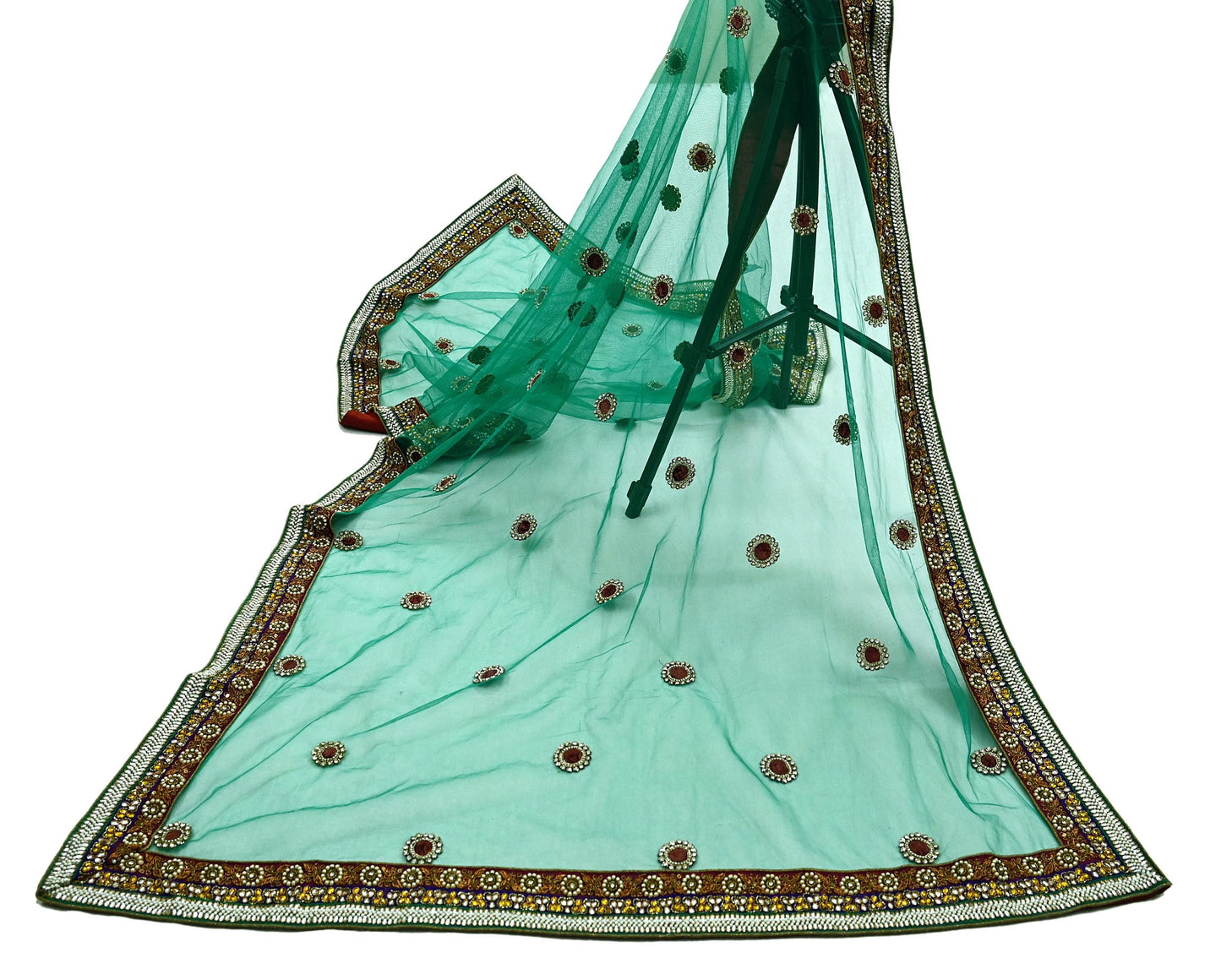 Indian Vintage Heavy Bridal Green Net Dupatta | Hand Embroidered Zardozi Zari Sequins Stole | Floral Design Hijab Veil | Wedding/Party Wear