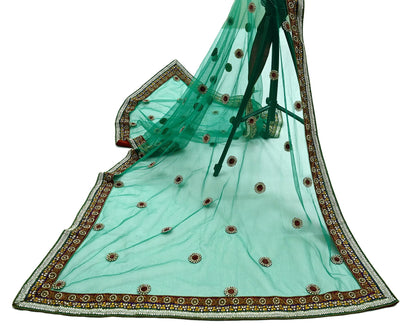 Indian Vintage Heavy Bridal Green Net Dupatta | Hand Embroidered Zardozi Zari Sequins Stole | Floral Design Hijab Veil | Wedding/Party Wear