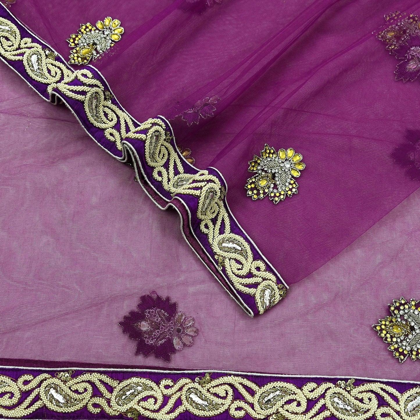 Indian Vintage Heavy Wedding Purple Dupatta Net Mesh Long Stole Hand Embroidered Scarves Golden Zardozi Dabka Zari Stole