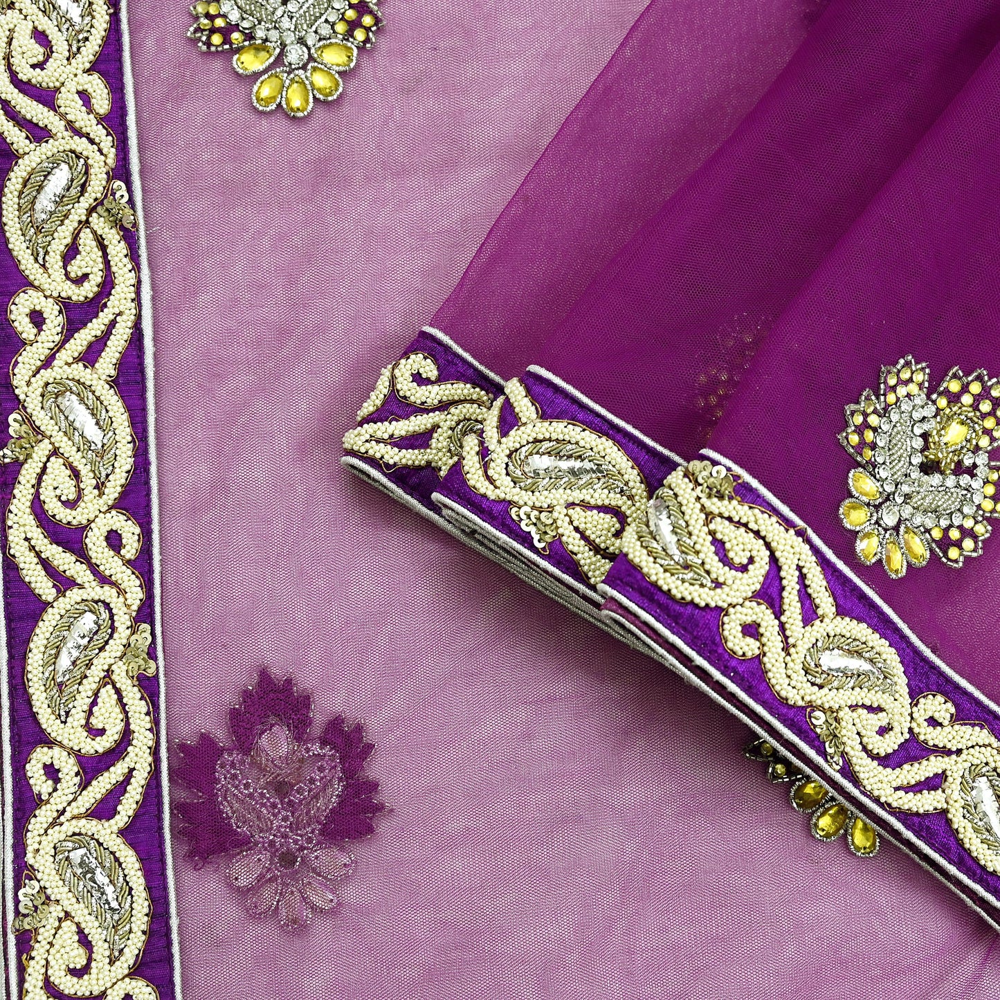 Indian Vintage Heavy Wedding Purple Dupatta Net Mesh Long Stole Hand Embroidered Scarves Golden Zardozi Dabka Zari Stole
