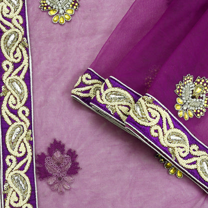 Indian Vintage Heavy Wedding Purple Dupatta Net Mesh Long Stole Hand Embroidered Scarves Golden Zardozi Dabka Zari Stole