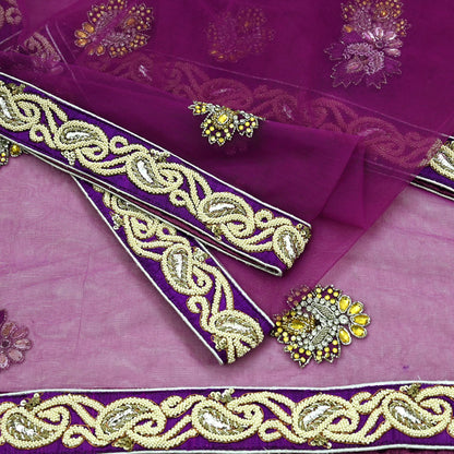 Indian Vintage Heavy Wedding Purple Dupatta Net Mesh Long Stole Hand Embroidered Scarves Golden Zardozi Dabka Zari Stole