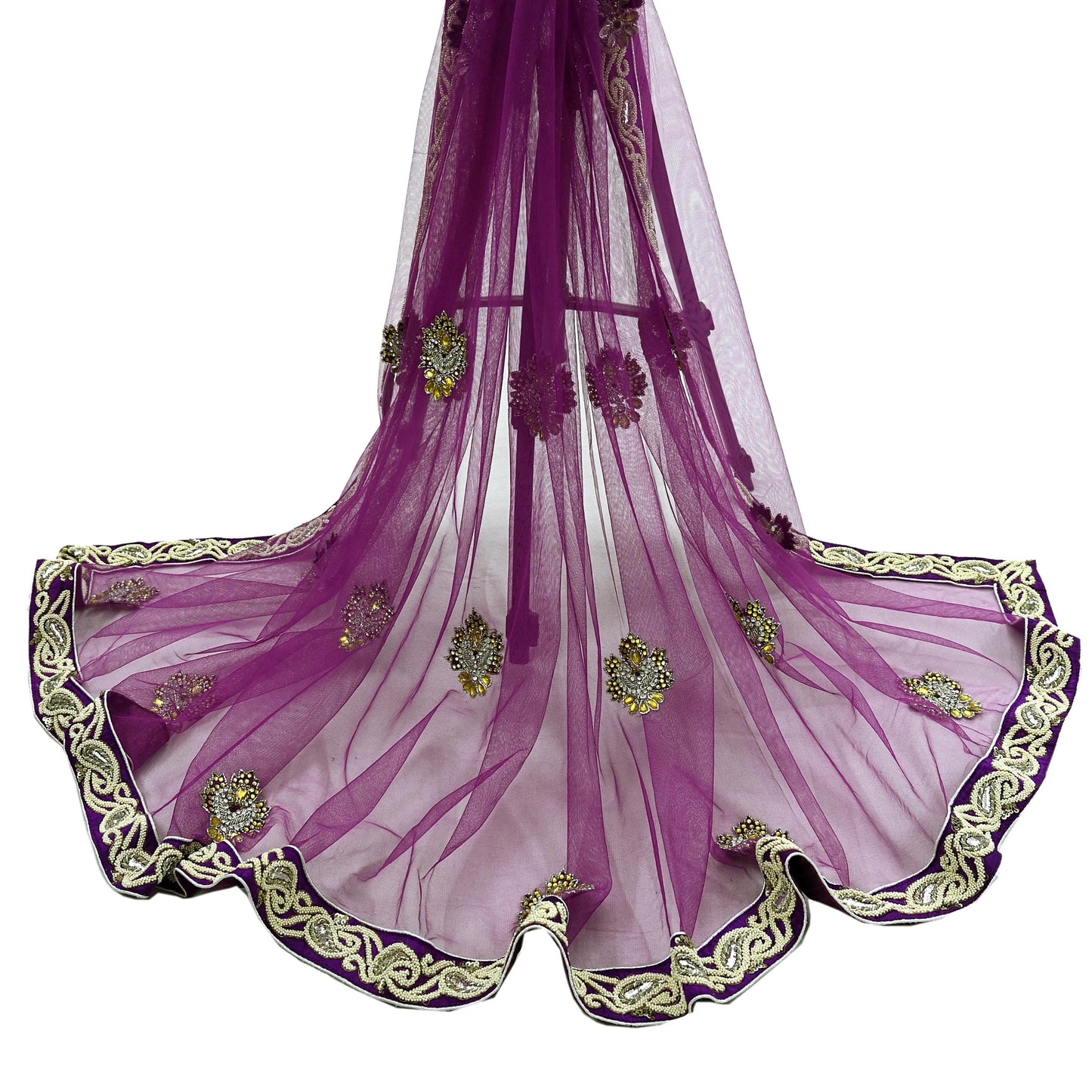 Indian Vintage Heavy Wedding Purple Dupatta Net Mesh Long Stole Hand Embroidered Scarves Golden Zardozi Dabka Zari Stole