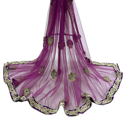 Indian Vintage Heavy Wedding Purple Dupatta Net Mesh Long Stole Hand Embroidered Scarves Golden Zardozi Dabka Zari Stole