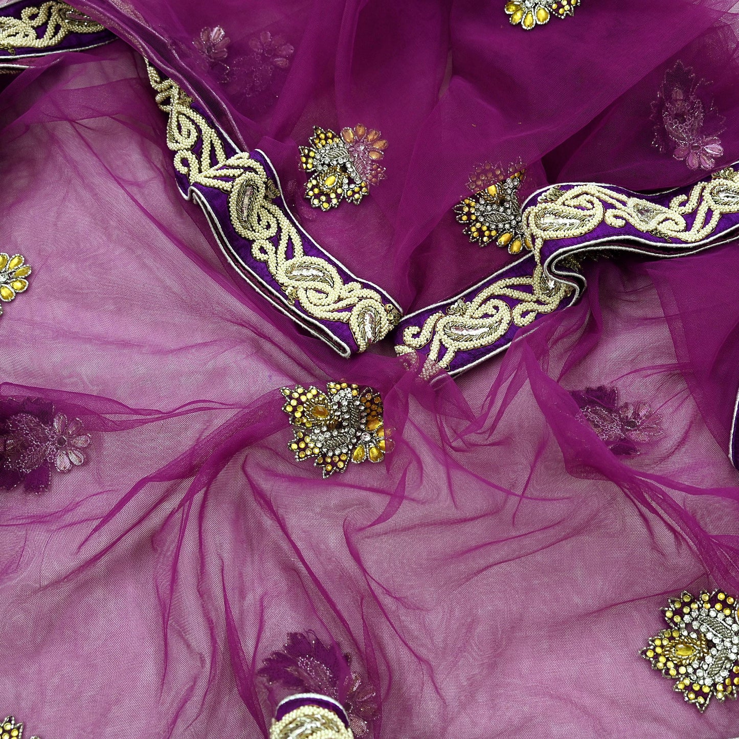 Indian Vintage Heavy Wedding Purple Dupatta Net Mesh Long Stole Hand Embroidered Scarves Golden Zardozi Dabka Zari Stole