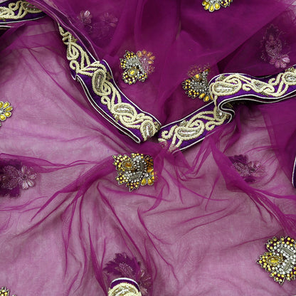 Indian Vintage Heavy Wedding Purple Dupatta Net Mesh Long Stole Hand Embroidered Scarves Golden Zardozi Dabka Zari Stole
