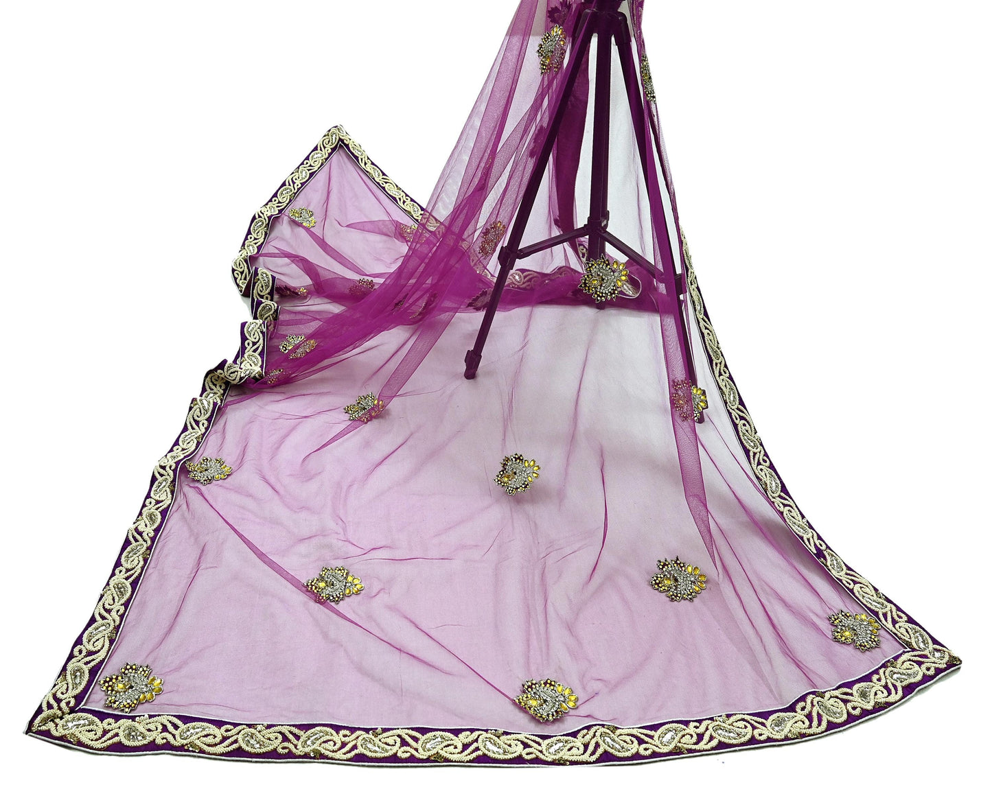 Indian Vintage Heavy Wedding Purple Dupatta Net Mesh Long Stole Hand Embroidered Scarves Golden Zardozi Dabka Zari Stole