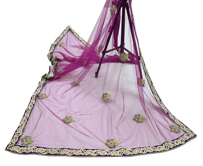 Indian Vintage Heavy Wedding Purple Dupatta Net Mesh Long Stole Hand Embroidered Scarves Golden Zardozi Dabka Zari Stole