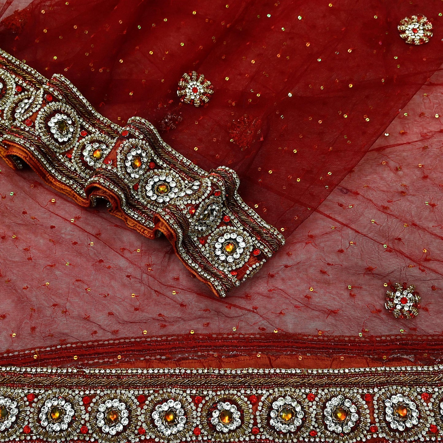Indian Vintage Heavy Wedding Maroon Dupatta Net Mesh Long Stole Hand Embroidered Scarves Golden Zardozi Zari Sequins Dridal Veil Hijab