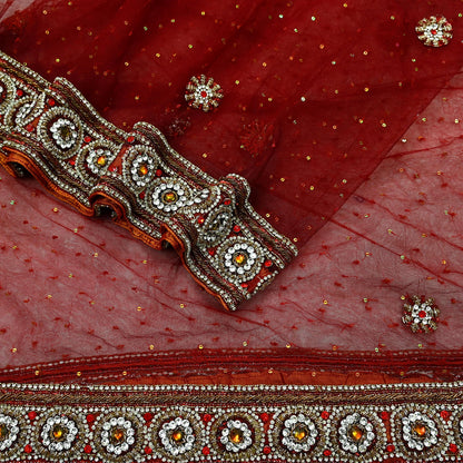 Indian Vintage Heavy Wedding Maroon Dupatta Net Mesh Long Stole Hand Embroidered Scarves Golden Zardozi Zari Sequins Dridal Veil Hijab