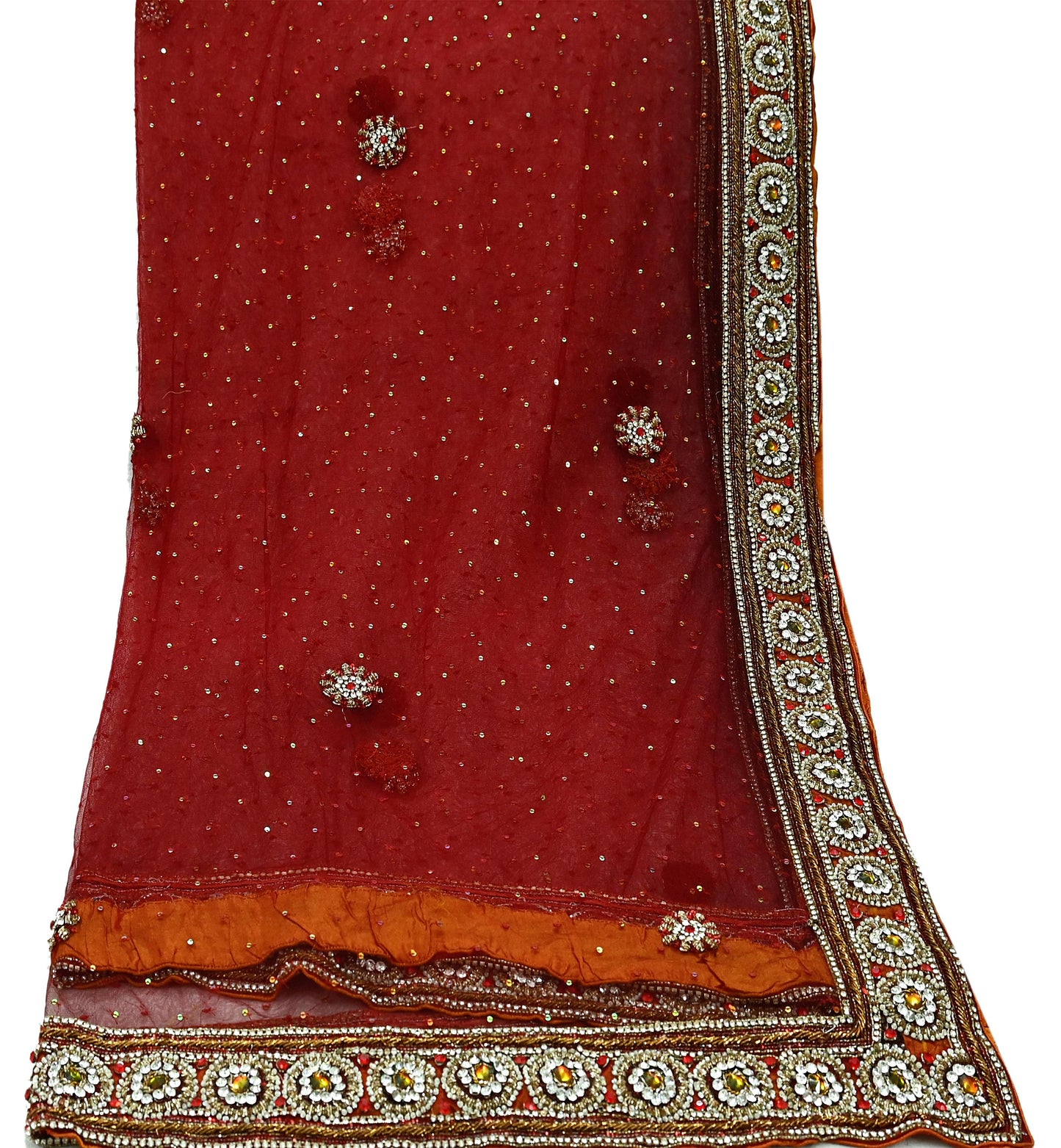 Indian Vintage Heavy Wedding Maroon Dupatta Net Mesh Long Stole Hand Embroidered Scarves Golden Zardozi Zari Sequins Dridal Veil Hijab
