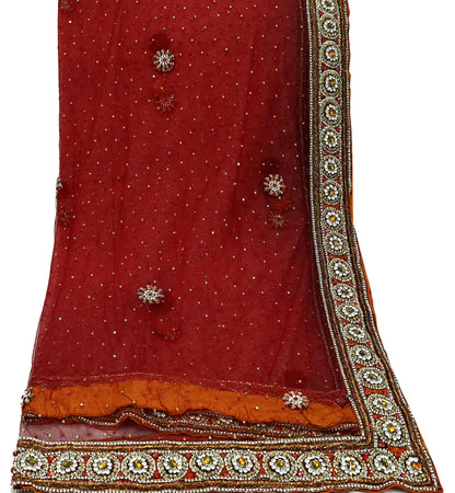 Indian Vintage Heavy Wedding Maroon Dupatta Net Mesh Long Stole Hand Embroidered Scarves Golden Zardozi Zari Sequins Dridal Veil Hijab