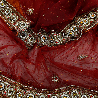 Indian Vintage Heavy Wedding Maroon Dupatta Net Mesh Long Stole Hand Embroidered Scarves Golden Zardozi Zari Sequins Dridal Veil Hijab