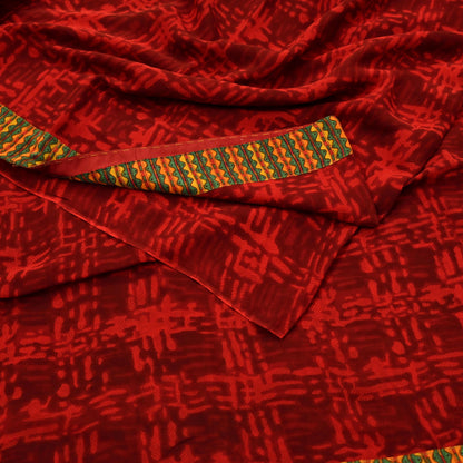 Indian Vintage Maroon & Red Pure Georgette Silk Sari | 6 Yards Abstract Printed Fabric | Boho Wrap, Craft, Quilting, Dressmaking, Upcycle