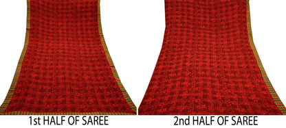 Indian Vintage Maroon & Red Pure Georgette Silk Sari | 6 Yards Abstract Printed Fabric | Boho Wrap, Craft, Quilting, Dressmaking, Upcycle