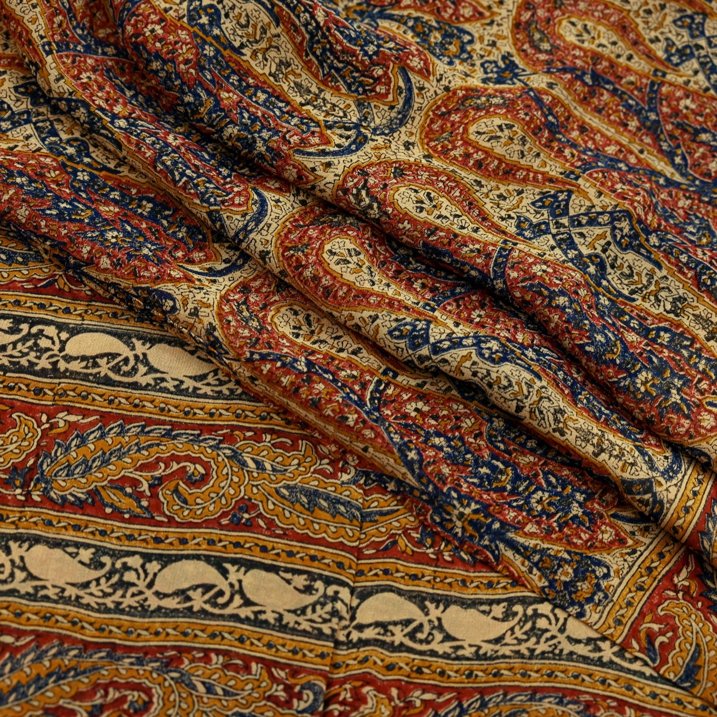 Indian Vintage Beige Pure Georgette Silk Sari | 5 Yards Block Printed Paisley Fabric | Sewing, Quilting, Dressmaking & Upcycle Crafts