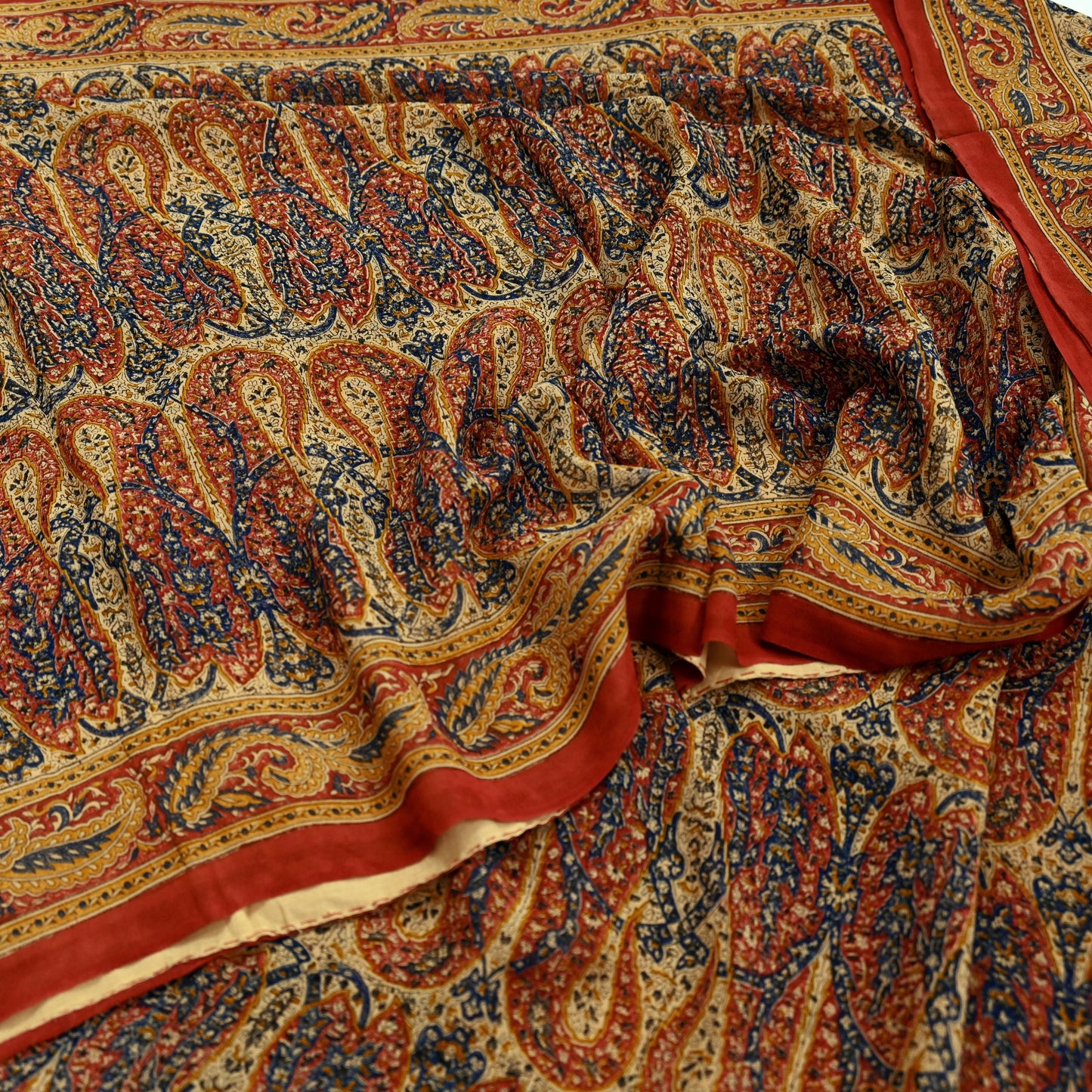 Indian Vintage Beige Pure Georgette Silk Sari | 5 Yards Block Printed Paisley Fabric | Sewing, Quilting, Dressmaking & Upcycle Crafts