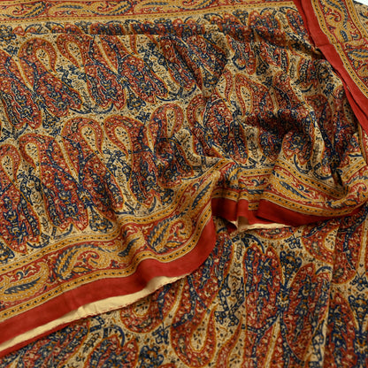 Indian Vintage Beige Pure Georgette Silk Sari | 5 Yards Block Printed Paisley Fabric | Sewing, Quilting, Dressmaking & Upcycle Crafts