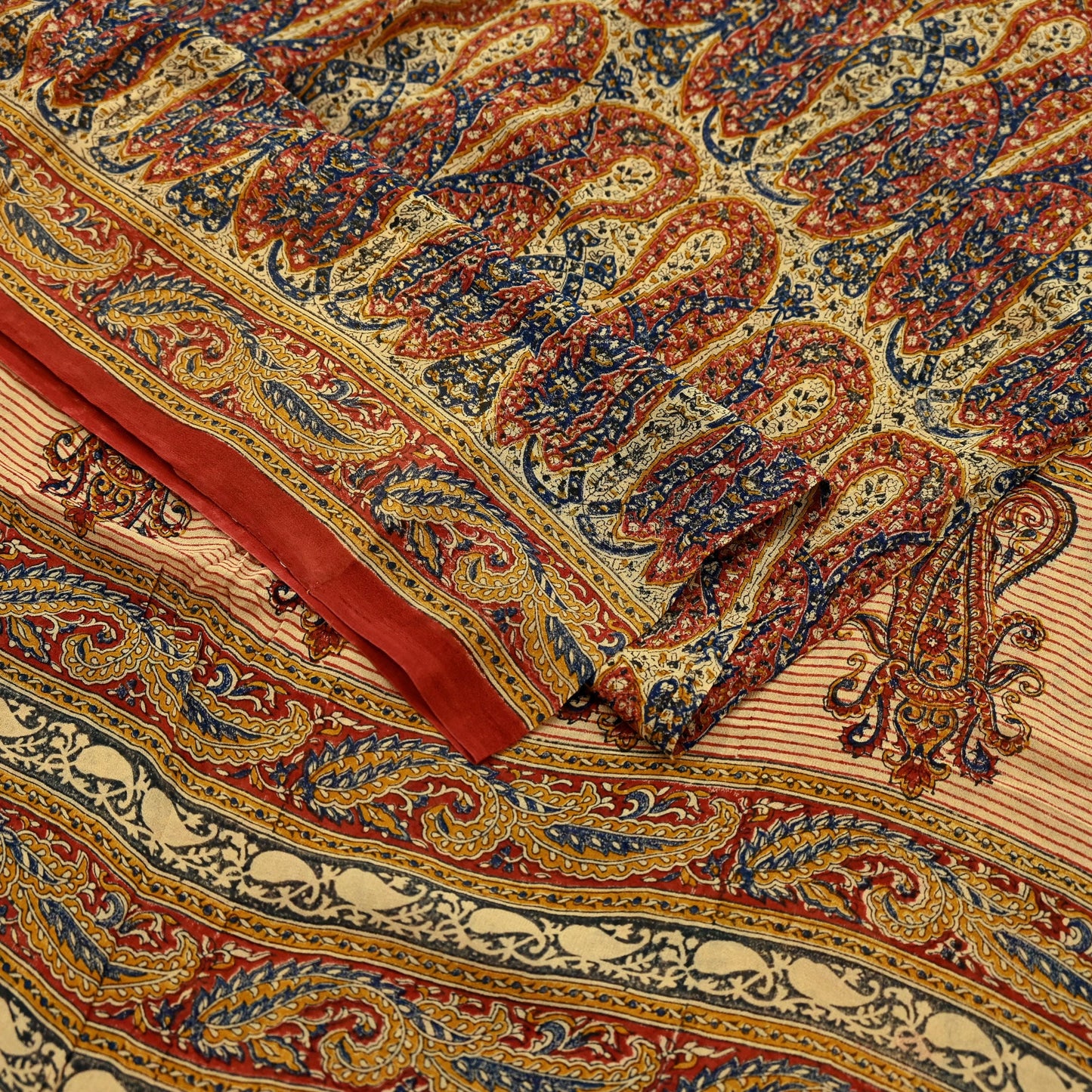 Indian Vintage Beige Pure Georgette Silk Sari | 5 Yards Block Printed Paisley Fabric | Sewing, Quilting, Dressmaking & Upcycle Crafts