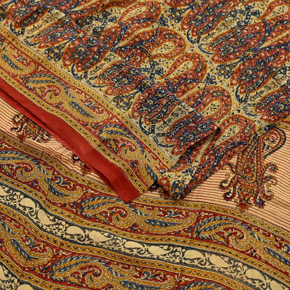 Indian Vintage Beige Pure Georgette Silk Sari | 5 Yards Block Printed Paisley Fabric | Sewing, Quilting, Dressmaking & Upcycle Crafts