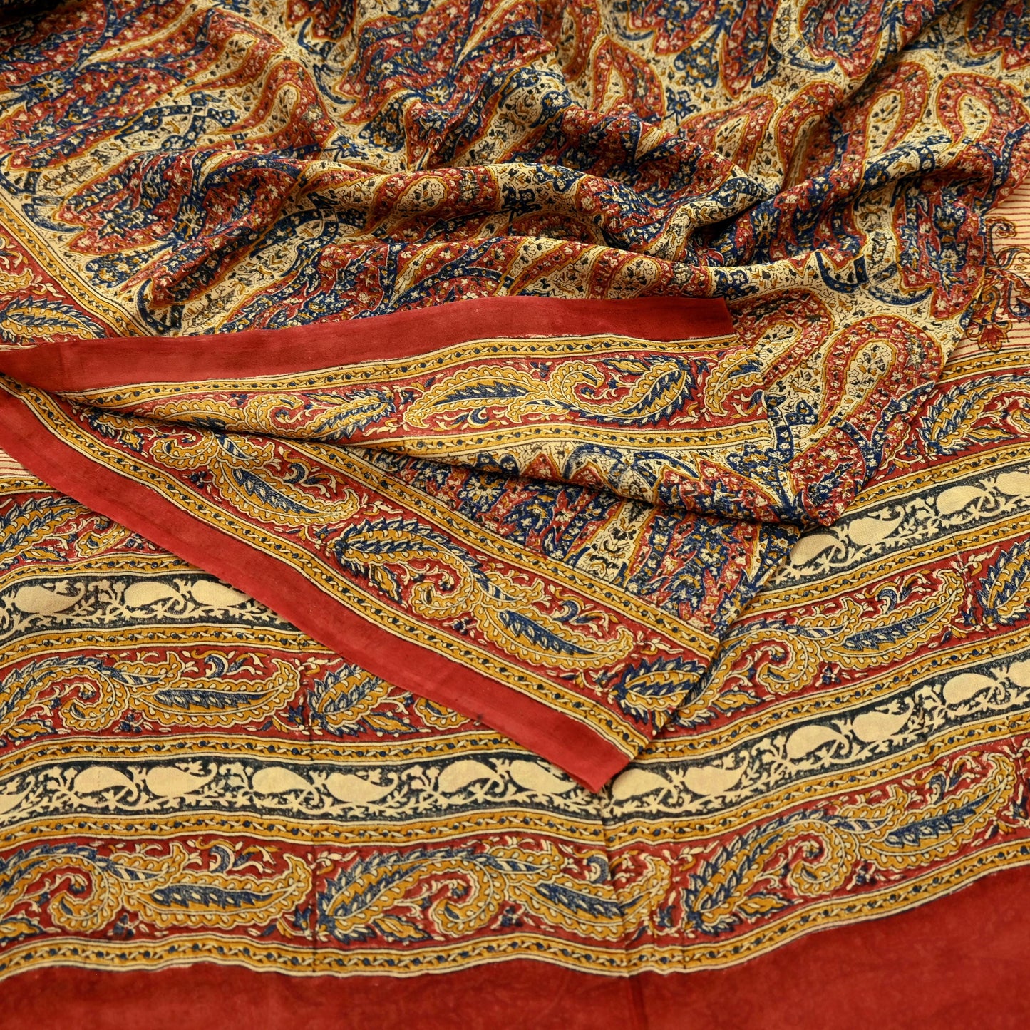 Indian Vintage Beige Pure Georgette Silk Sari | 5 Yards Block Printed Paisley Fabric | Sewing, Quilting, Dressmaking & Upcycle Crafts