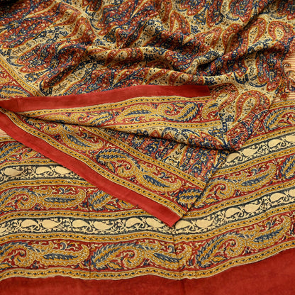 Indian Vintage Beige Pure Georgette Silk Sari | 5 Yards Block Printed Paisley Fabric | Sewing, Quilting, Dressmaking & Upcycle Crafts