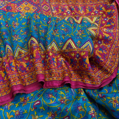 Indian Vintage Pink & Blue Pure Silk Sari | 5 Yards Soft Printed Floral Fabric | Dressmaking, Quilting, Crafting, Sewing, Upcycle Projects