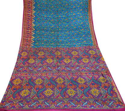 Indian Vintage Pink & Blue Pure Silk Sari | 5 Yards Soft Printed Floral Fabric | Dressmaking, Quilting, Crafting, Sewing, Upcycle Projects