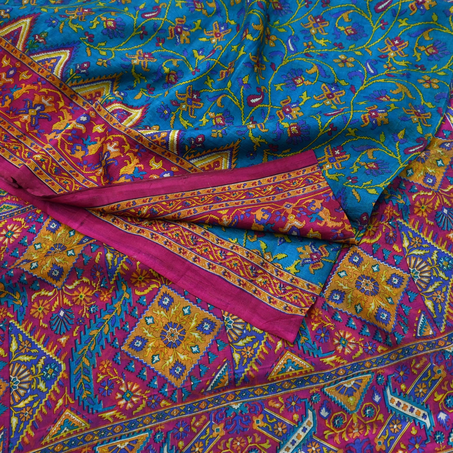 Indian Vintage Pink & Blue Pure Silk Sari | 5 Yards Soft Printed Floral Fabric | Dressmaking, Quilting, Crafting, Sewing, Upcycle Projects