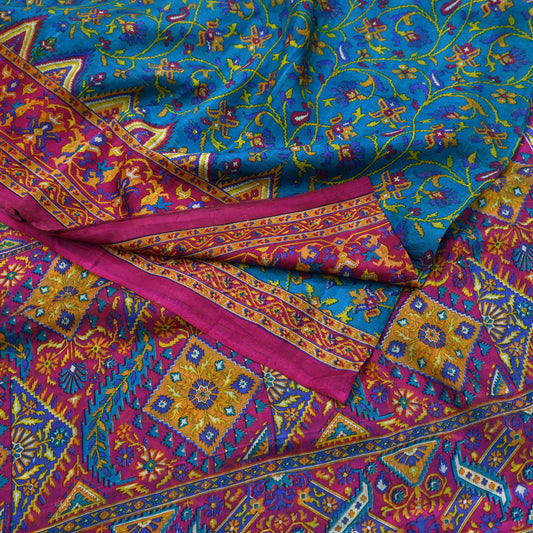 Indian Vintage Pink & Blue Pure Silk Sari | 5 Yards Soft Printed Floral Fabric | Dressmaking, Quilting, Crafting, Sewing, Upcycle Projects