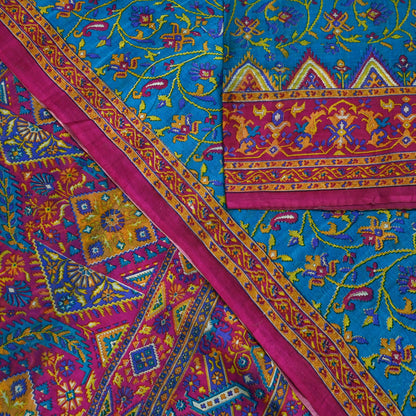 Indian Vintage Pink & Blue Pure Silk Sari | 5 Yards Soft Printed Floral Fabric | Dressmaking, Quilting, Crafting, Sewing, Upcycle Projects