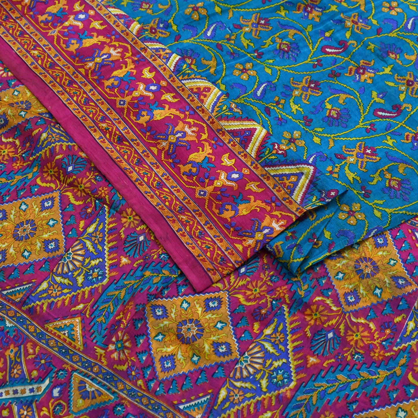 Indian Vintage Pink & Blue Pure Silk Sari | 5 Yards Soft Printed Floral Fabric | Dressmaking, Quilting, Crafting, Sewing, Upcycle Projects
