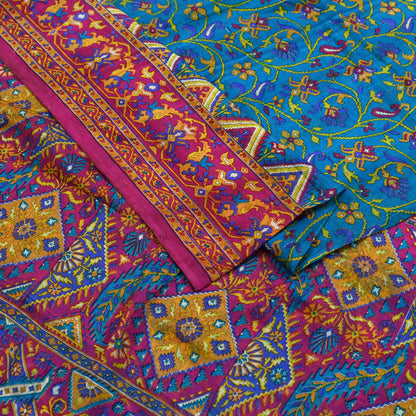 Indian Vintage Pink & Blue Pure Silk Sari | 5 Yards Soft Printed Floral Fabric | Dressmaking, Quilting, Crafting, Sewing, Upcycle Projects
