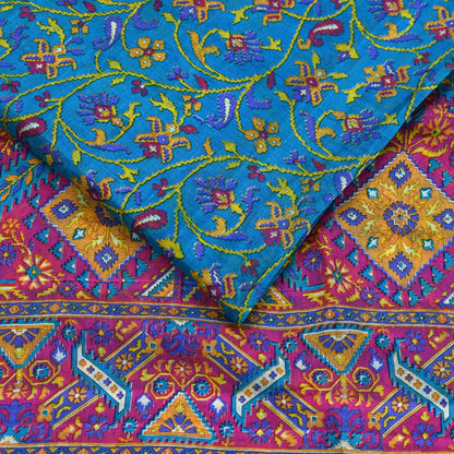 Indian Vintage Pink & Blue Pure Silk Sari | 5 Yards Soft Printed Floral Fabric | Dressmaking, Quilting, Crafting, Sewing, Upcycle Projects