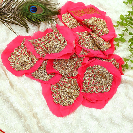 Indian Vintage Pink Pure Georgette Silk Appliques  Set of 2 | Hand-Embroidered Floral Patches with Zardozi, Dabka, Zari,for Craft, Journals