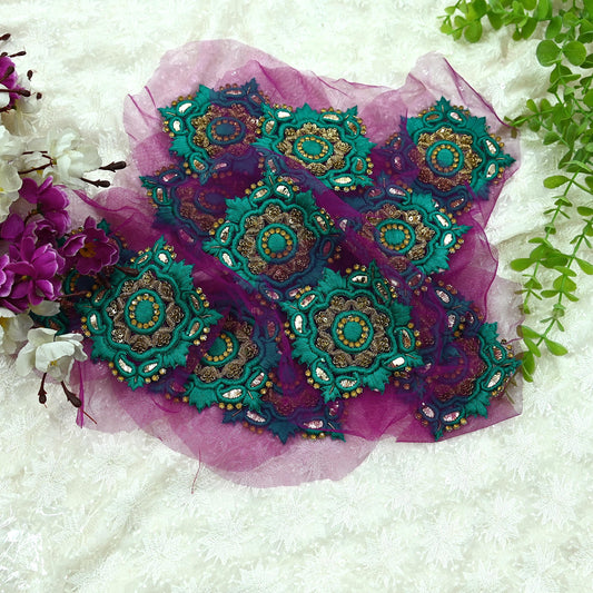 Indian Vintage Purple Net Hand-Embroidered Appliques  Set of 2, Zardozi, Dabka, Mukesh, Bead Work | Floral Patches for Crafts, Journals