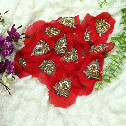 Indian Vintage Red Pure Georgette Silk Appliques  Set of 3 | Hand-Embroidered Floral Patches with Zardozi, Dabka, Zari,for Craft, Journals