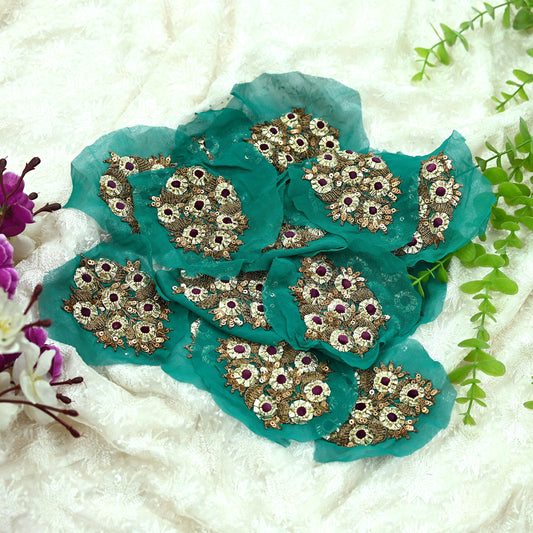 Indian Vintage Green Pure Georgette Silk Appliques  Set of 3 | Hand-Embroidered Floral Patches with Zardozi, Dabka, for Craft, Journals
