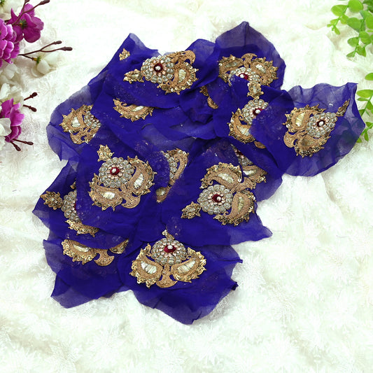 Indian Vintage Purple Pure Georgette Silk Appliques  Set of 3 | Hand-Embroidered Floral Patches with Zardozi, Dabka ,for Craft, Journals